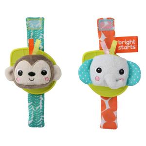 Bright Starts Rattle & Teethe Wrist Pals Toy - Monkey & Elephant, Newborn + (2 Count (Pack of 1), Orange/Blue)