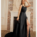 BABYONLINE D.R.E.S.S.Women's Satin Prom Dress Spaghetti Straps Split Bridesmaid Long Formal Wedding Guest Evening Party Gowns, S, Black