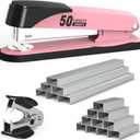 Metal Stapler Heavy Duty 50 Sheet Capacity with 1750 Staples and Staple Remover, Full Strip Staplers for Desk, No Jam, Non-Slip for Office & Classroom, Pink