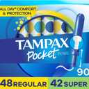Tampax Pocket Pearl Compact Tampons Duo Pack, Regular/Super Absorbency with BPA-Free Plastic Applicator and LeakGuard Braid, Unscented, 90 Count Total (3 Packs of 30)