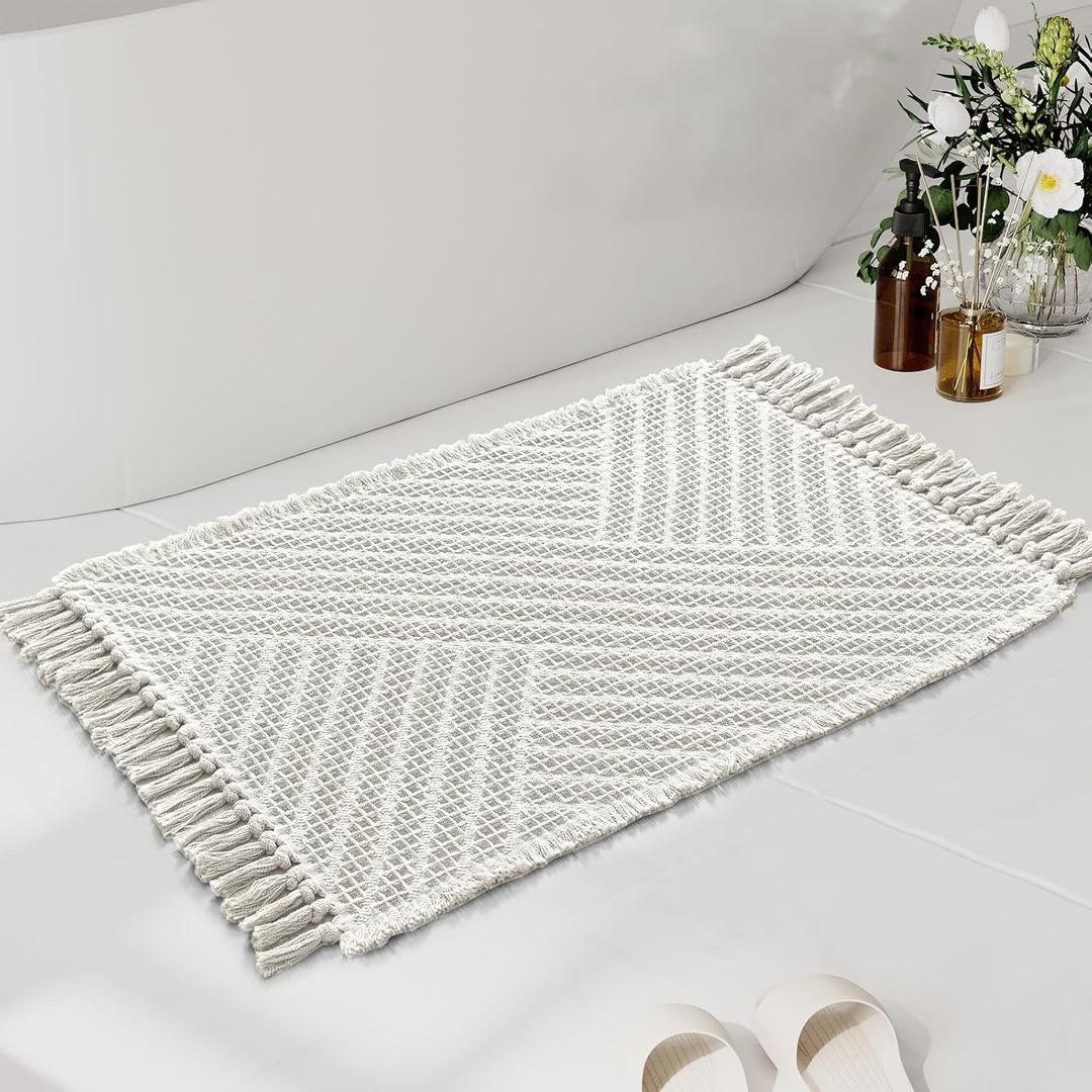 H.VERSAILTEX Waffle Bath Mat Super Absorbent Boho Bath Mat Non Slip Bath Rugs for Bathroom Floor Machine Washable Dry Fast Bathroom Rugs with Tassels, 24" x 36", Ivory White