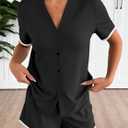 Hilinker Womens Button Up Pajamas V Neck Short Sleeve Tops and Shorts Sleepwear 2 Piece Lounge Set Black Small