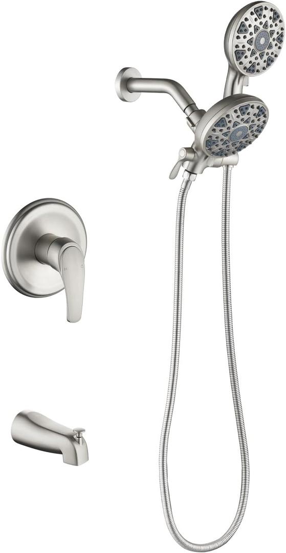 Tub and Shower Faucet Set Complete Dual Shower Head and Handheld 2 in 1 Combo Set Shower System with Tub Spout Tub and Shower Trim Kit Brushed Nickel