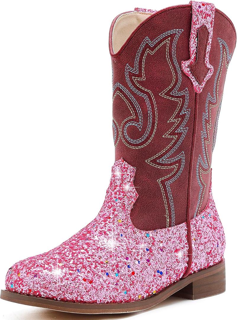 Girls Cowgirl Boots Unisex-Child Mid Calf Glitter Toddler Cowboy Boot Little Big Kids Western Riding Shoes (3 Little Kid, Sequins Pink)