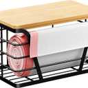 Small Grocery Bag Holder, Trash bag holder with Removable Bamboo Top, Wall Mount, No Drill, Stainless Steel, Black