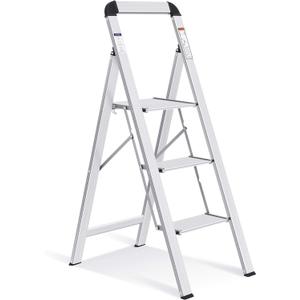 KINGRACK Aluminium 3 Step Ladder, Lightweight Step Stool with Non-Slip Pedals, Handrail, 330 LBS Foldable Step Ladder for Kitchen, Garage, Home, Space Saving, Sturdy and Portable, Silver