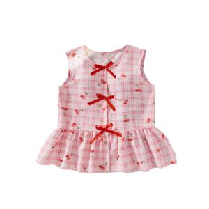 WDIRARA Girl's Cherry Plaid Tank Top Cute Bow Sleeveless Ruffle Hem Peplum Tops Pink 9Y (Pink, M)