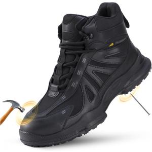 Oil Slip Resistant & Breathable Safety Shoes with Kevlar Anti-Puncture, Steel Toe Work Boots for Men and Women, Lightweight Leather Fabric Upper for Construction, Industrial, Outdoor Work (11 Wide Women/9.5 Men, Black)