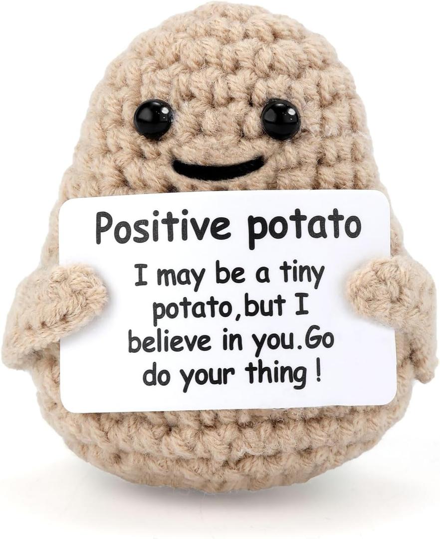 Mini Funny Knitted Wool Potato Toy with Positive Card - Creative Cute Crochet Doll Cheer Up Gift for Friends Parties Women Men Mothers Day Graduation Decoration and Encouragement
