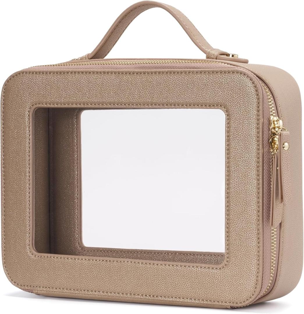 Popvibe Clear Makeup Bag Travel Cosmetic Case Transparent Toiletry Bag with Zipper, Portable Make Up Organizer Traveling Compact Car Bag for Essentials (Gold)