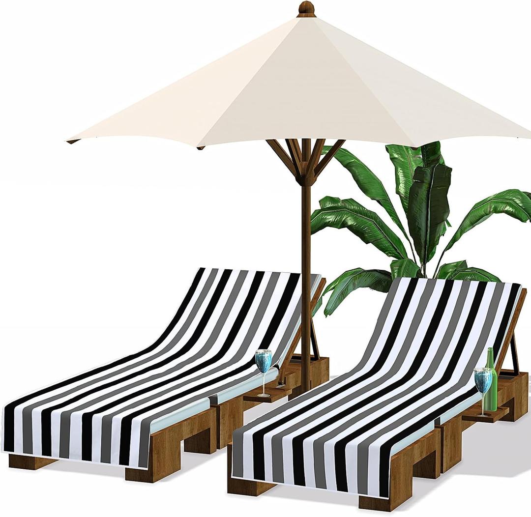 Fumete 2 Pack Lounge Chair Covers 30 x 85 Inch Pool Chaise Lounge Towels Microfiber Beach Chair Towel Portable Striped Outdoor Patio Furniture Cover for Sunbathing Picnic Spa(Black and Grey)