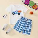 Toddler Boy Halloween Outfit Truck Pumpkin Embroidered T-shirt+Striped Shorts Fall Set (White)
