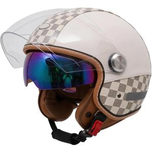 Motor Cycle Helmets for Men Dual Visor 3/4 Open Face Motorcycle Helmet for Men & Women, DOT Approved Unisex Retro Half Helmet，Motorbike Casco for Moped Cruiser (White, L)