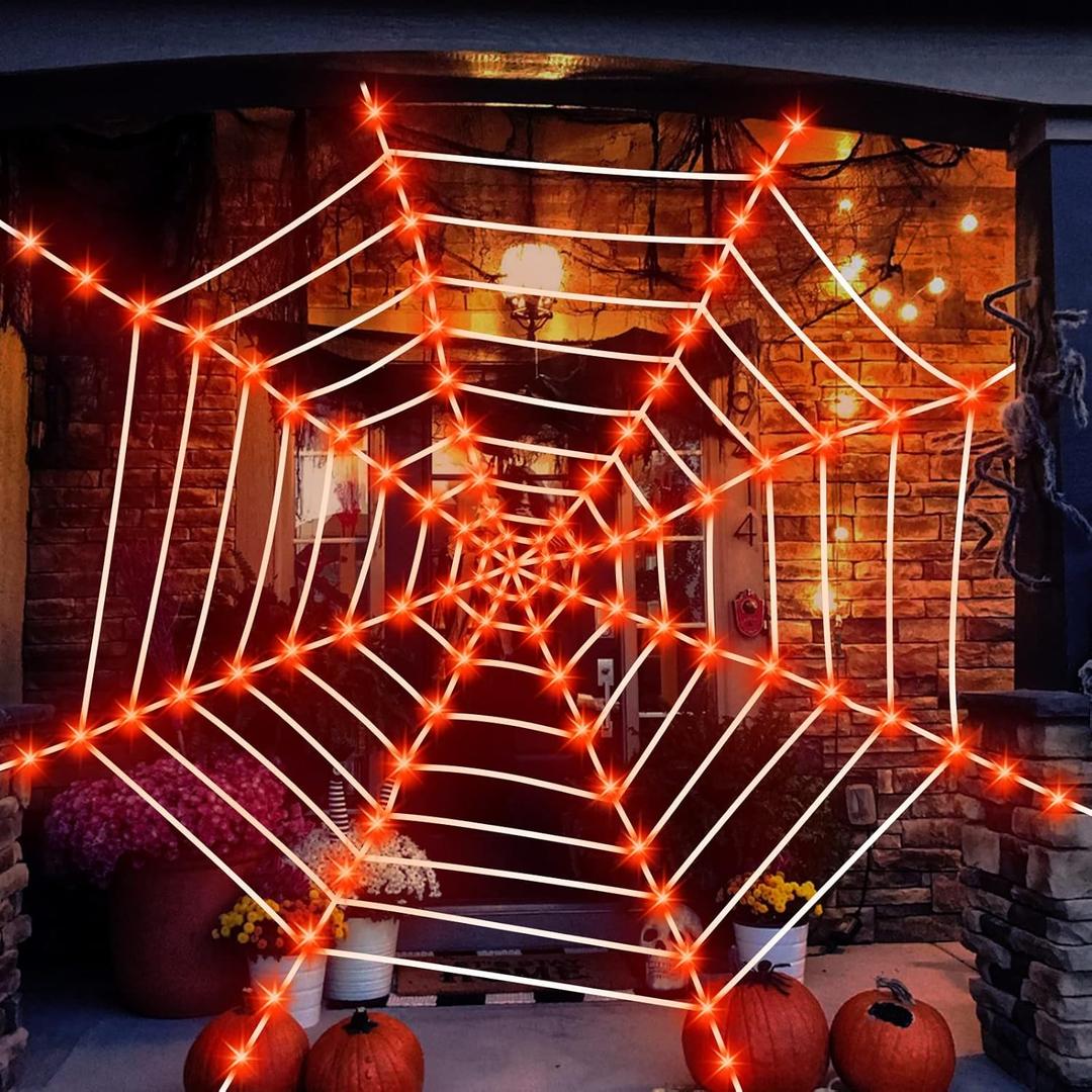 Spider Web Lights Decor Giant 12 ft Halloween Decorations Outdoor Lighted Mega Web With 120 LED Waterproof for Outdoor Indoor Yard Party Haunted House Decor
