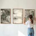 Yeehomedec Vintage Nature Landscape Framed Canvas Wall Art Set, Rustic Misty Forest Sketch Wall Decor, Neutral Wooden Trees Art Print, Retro Foggy Scenery Artwork for Living Room Bedroom Office 16"x24"x3