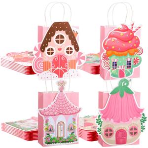 Feifeiya 24 Pcs Pink Gift Bag with Handle Valentines Day 3D Fairy Tale Flower House Cardboard Treat Candy Goodies Gift Bag for Valentines Galentine Day Holiday Birthday Party Supplies