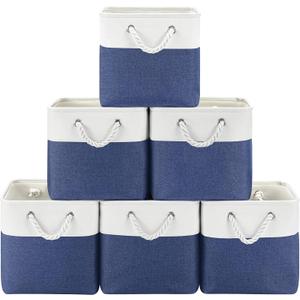 11x11 Cube Storage Bins, 6 Pack Foldable Fabric Organizer Bins with Rope Handles, Storage Cubes for Bedroom, Living Room, Clothes and Toys, Shelves and Closet (White & Blue)