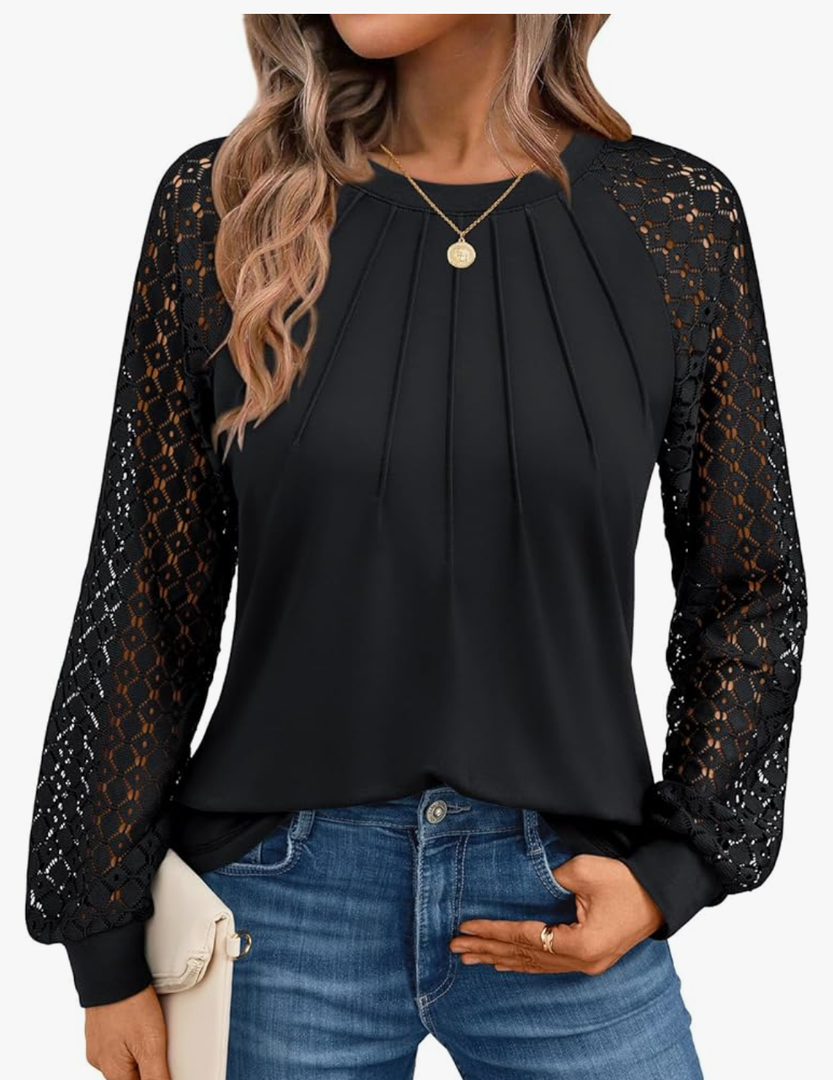 AUTOMET Womens Long Sleeve Shirts Pleated Lace Tops Fall Fashion Outfits Business Casual Blouses, Medium