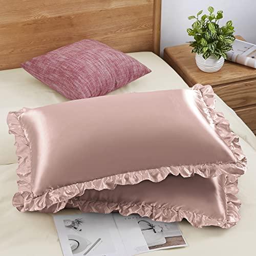 SiinvdaBZX Ruffled Standard Satin Pillowcase Set of 2, Rose Gold Silky Satin Pillow Cases for Women Ruffle Pillow Shams Covers Princess Room Decoration, with Envelope Closure