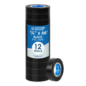SPARTAN INDUSTRIAL - 3/4" X 66' Black Vinyl Tape - 12 Rolls of Waterproof Electrical Tape for Wire and Cable Bundling, Insulation, Repair