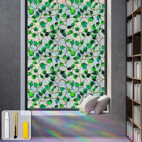 Window Privacy Film Static Cling Sticker Rainbow Window Film Glass Decals with Iridescent Effect, Removable Nature Pattern Tint for Home Bathroom Door Car Windows(Blue & Green pothos Botanical Design), 35" x 157" Inch