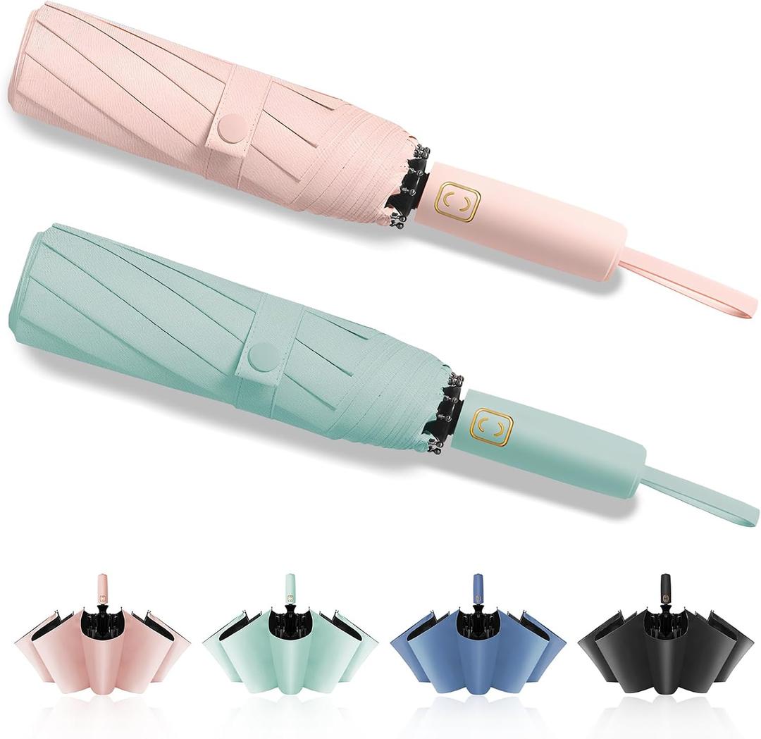 Fogkey 2-Pack Windproof, Waterproof, UV-Blocking Portable Travel Umbrella, Compact Sun & Rain Folding Umbrella, Double Rib Structure, Large Auto Open and Close Car Umbrella