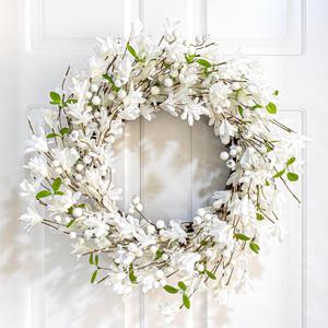 White Wreath 20 Inch Winter Wreaths for Front Door Artificial Forsythia Wreath with White Berries for Winter Christmas Farmhouse Indoor Outdoor Porch Wall Window Decor