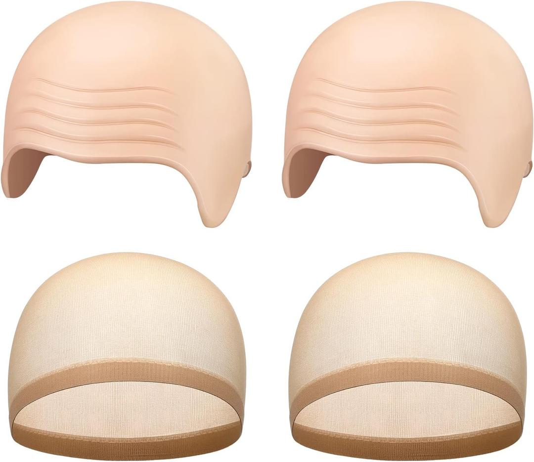 WILLBOND 4 Pcs Mardi Gras Bald Caps Makeup Latex Bald Caps Head Wig Hat Costume Accessories for Adults (Skin Color)