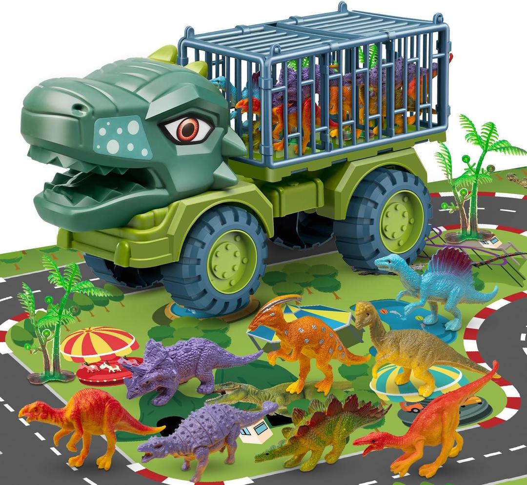 Dinosaur Truck Toy for Kids 3-5, Tyrannosaurus Transport Vehicle Carrier Car Toys with 8 Dino Figures, Dinosaur Playset Toys for 3 4 5 6 7 8 9 10 Years Old Boys Girls Kids Birthday Gifts