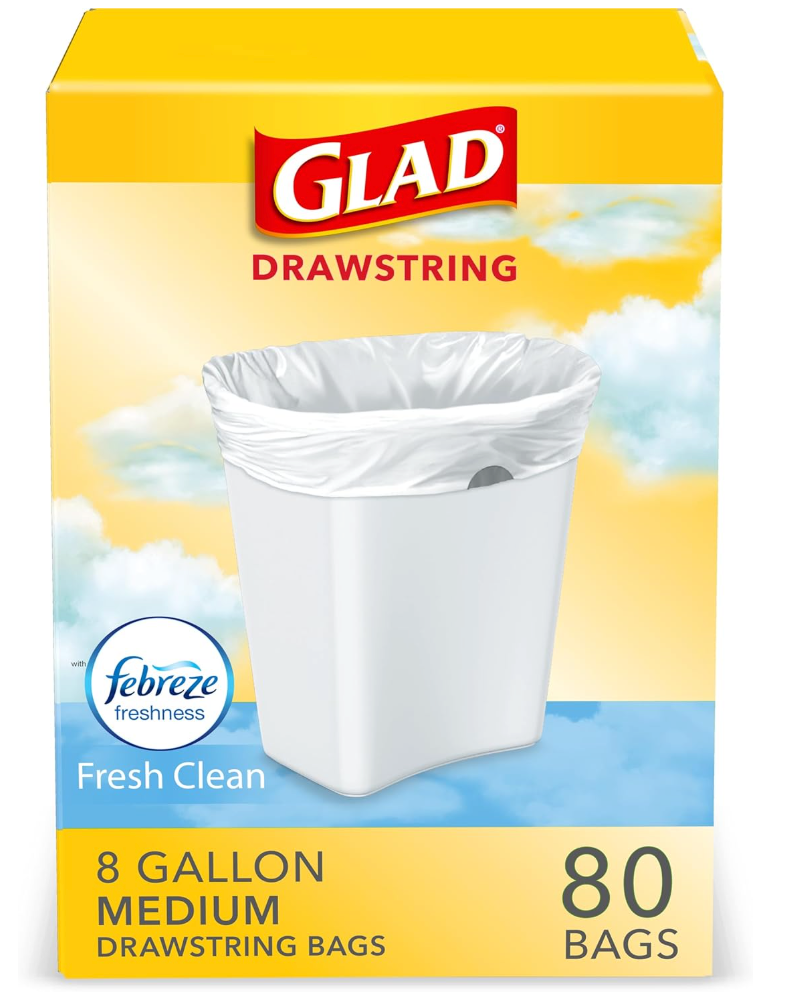 Glad Medium Trash Bags, 8 Gallon, Febreze Fresh Clean Garbage Bags, With Odor Control and Drawstring, 80 Count