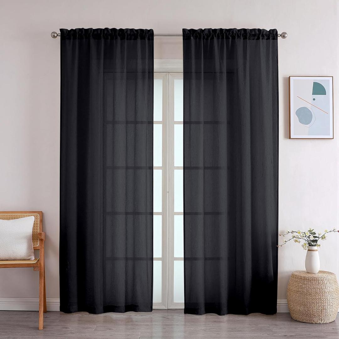 OWENIE Black Premium Sheer Curtains, 2 Panels Set, 42W x 72L, Rod Pocket, Polyester, Light Filtering, Living Room, Kitchen Room, Modern Style