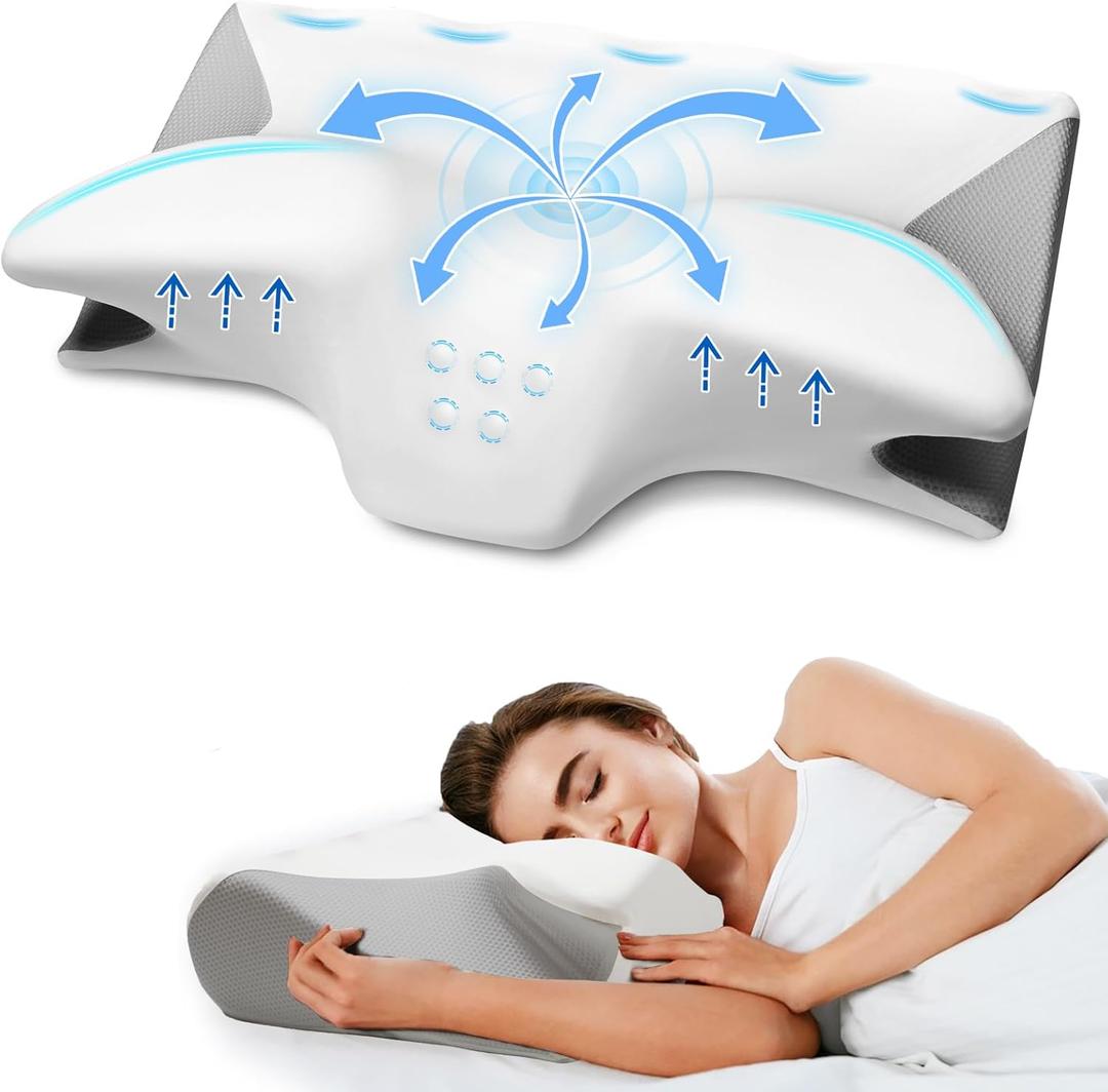 Cervical Pillow for Neck Pain Relief, Cooling Contour Memory Foam Pillows Support Odorless Ergonomic Neck Pillow Adjustable Orthopedic Bed Pillow for Side Back Stomach Sleeper with Pillowcase DS