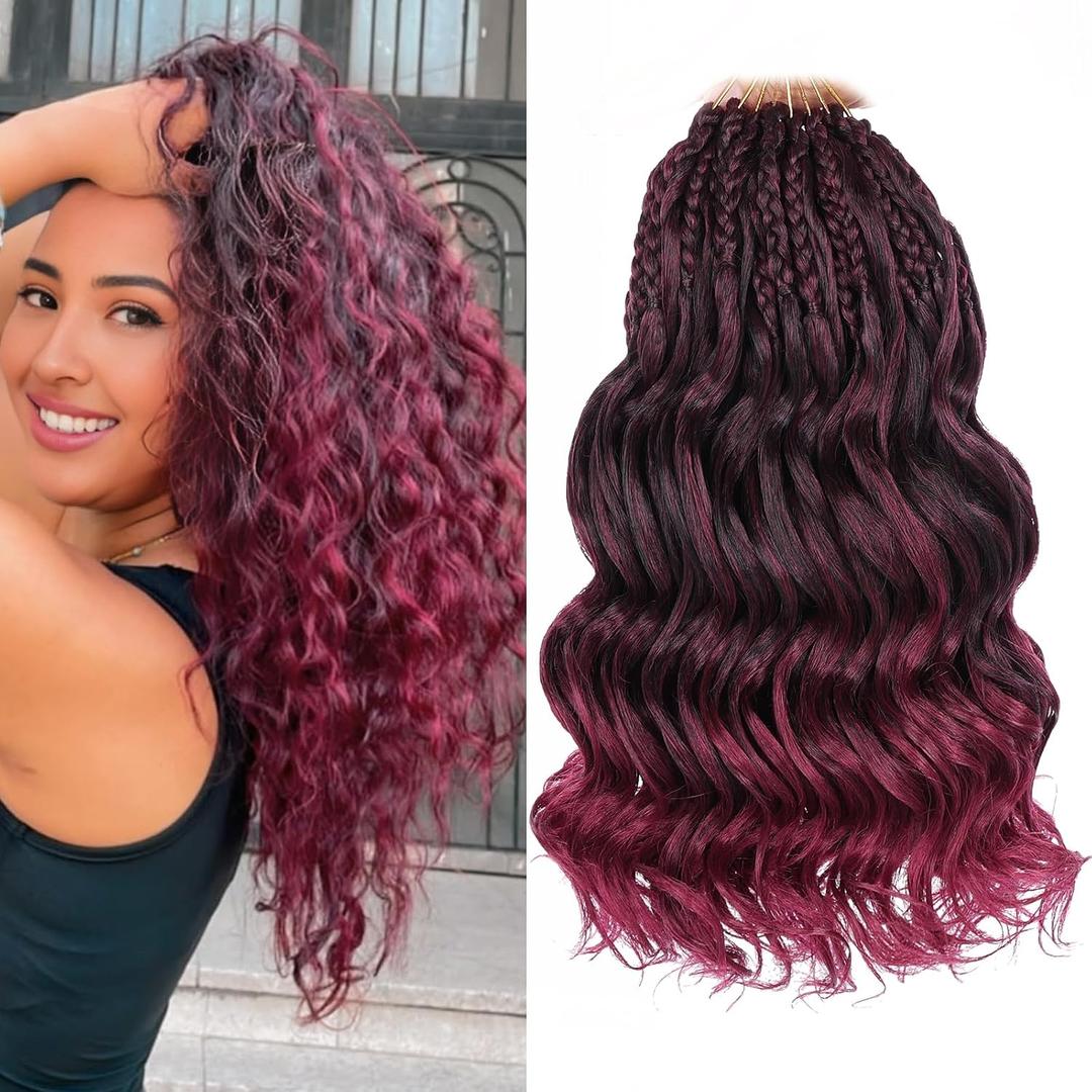 Leeven 10 Inch Pre Looped Curly Crochet Hair - 8 Packs Ombre Red Boho Ocean Wave - Burgundy Short Ocean Braids - Pre Twisted Synthetic Deep Wavy Crochet Hair for Women