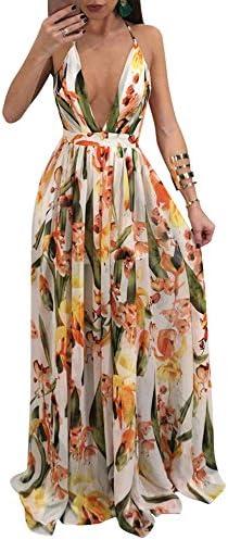 Remelon Womens Sexy Spaghetti Strap Deep V Neck Floral Boho Criss Cross Backless Chiffon Beach Party Long Maxi Dress, Medium