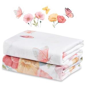 IBESTOPIA 2-Pack 100% Cotton Muslin Swaddle Blankets, Large 47 x 47 Inches — Breathable Soft Receiving Blankets for Newborns, Swaddling Wraps, Baby Essentials, Registry Gift (Butterfly & Bloom Duo)