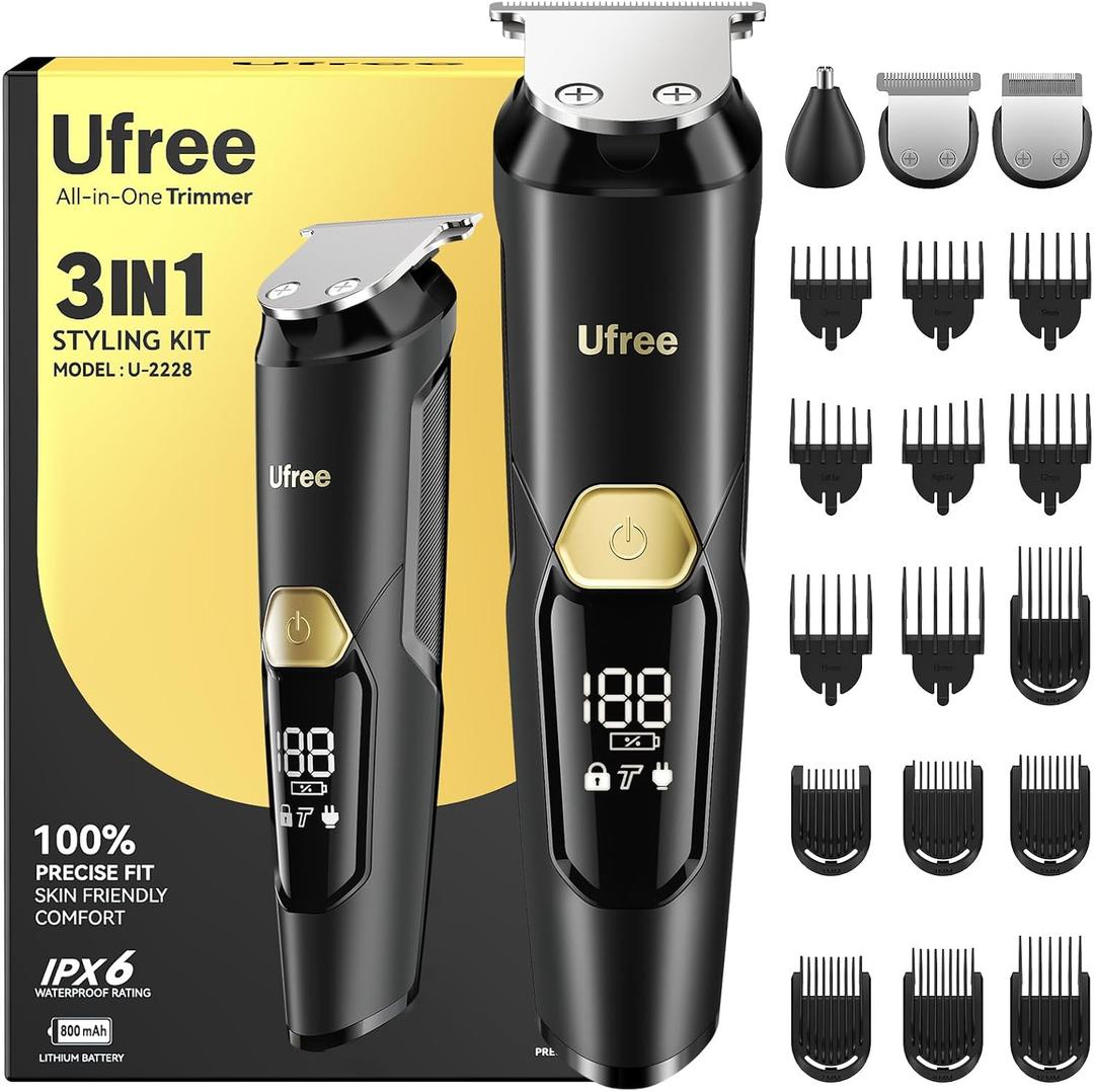 Ufree 3-in-1 Beard Trimmer Kit, Men's Electric Shaver Razor for Mustache Body Nose Facial Hair, Professional Hair Trimmer, Rechargeable Clippers, Waterproof Beard Grooming, Birthday Gifts for Men (Black)