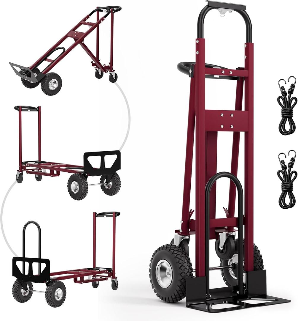 4 in 1 Convertible Hand Truck, Heavy Duty Alloy Steel Folding Dolly Cart with Wheels, 1000 LBS Capacity with 10" Solid Tires & Tie-Down Straps for Warehouse, Luggage Moving, Freight Handling