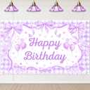 Mocsicka Purple Bow Coquette Birthday Decorations Happy Birthday Backdrop Bow Girls Bachelorette Party Decorations Photo Booth Props (Purple, 6x3.6ft)