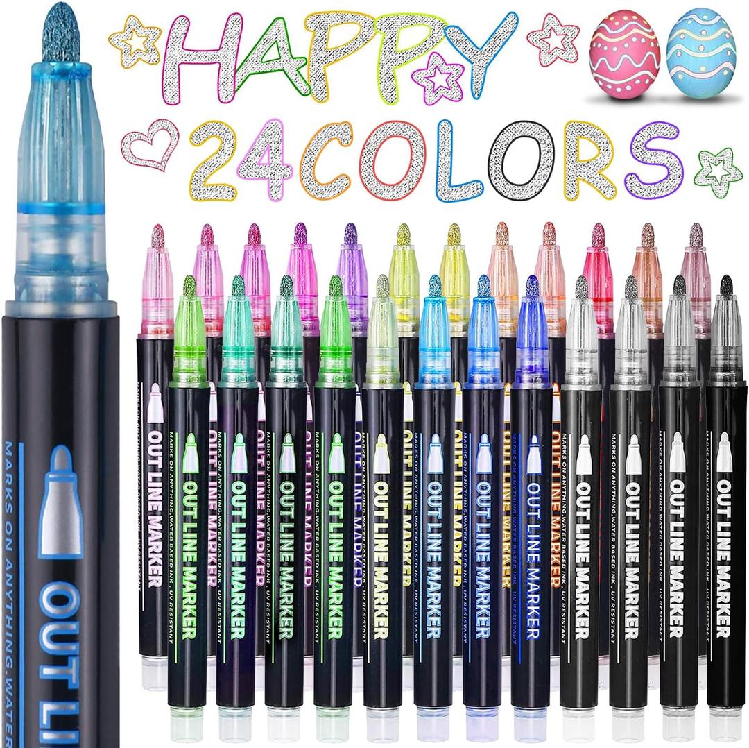 Yangmei Outline Glitter Markers, Teen Girl Gifts Trendy Stuff, Art Supplies for Kids 6-8 9-12, Crafts for Girls 8-12, 24 Self Outline Metallic Markers, Gift for 4-12 Year Old Girls, Stocking Stuffers