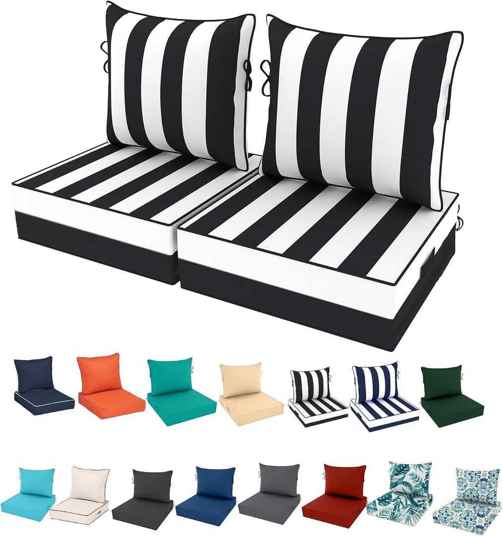 2 Set Outdoor Deep Seat Cushion Patio Furniture Cushions 19x19x4 inch, Outdoor Chair Cushions with Ties & Portable Handle, Foam Cushions for Lawn Chair, Fit for 18''-20'', Black & White Striped