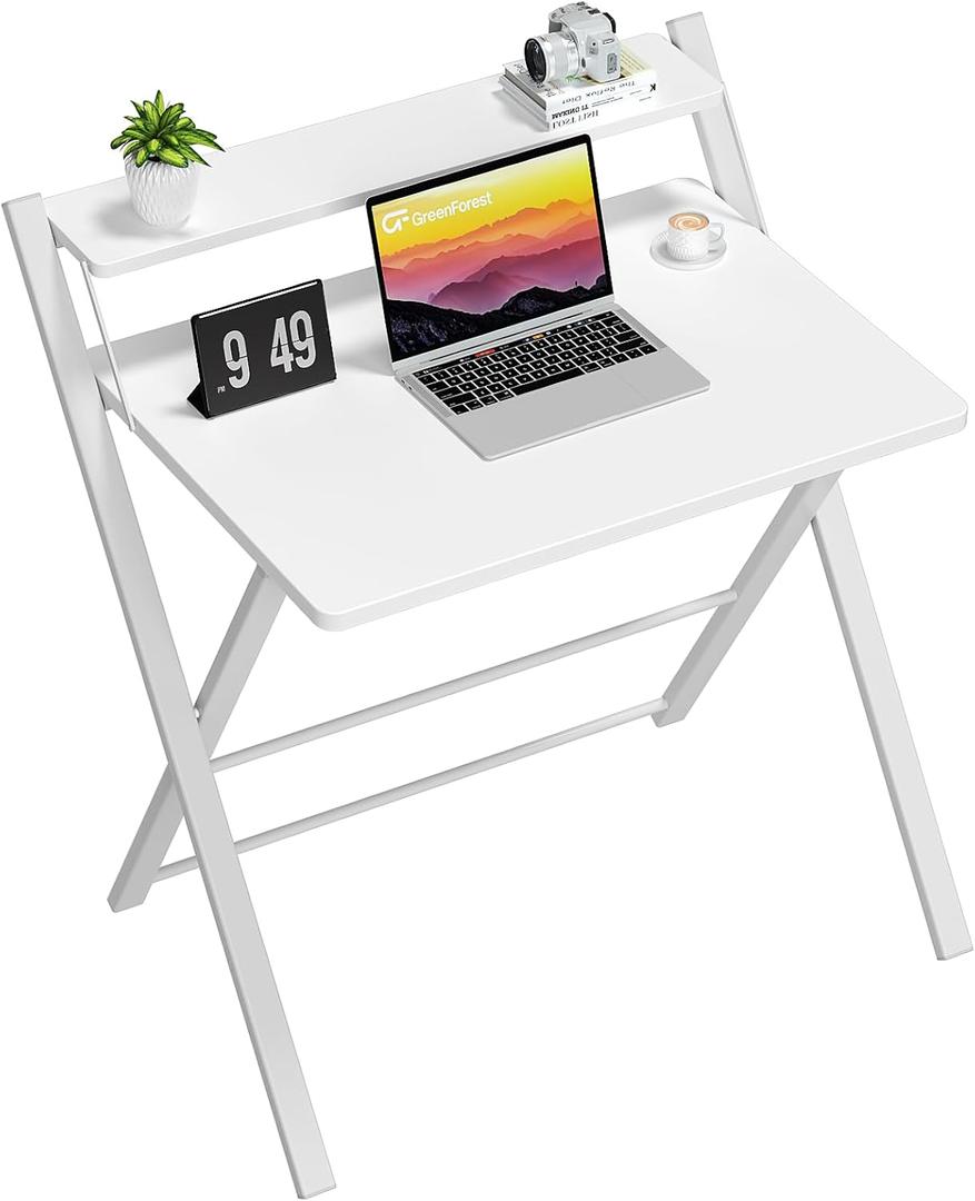 GreenForest Folding Desk No Assembly Required Large Size, 2-Tier Foldable Computer Desk with Shelf for Home Office, Space Saving Portable Laptop Study Foldable Table for Bedroom, White (24.5 x 30 inch)