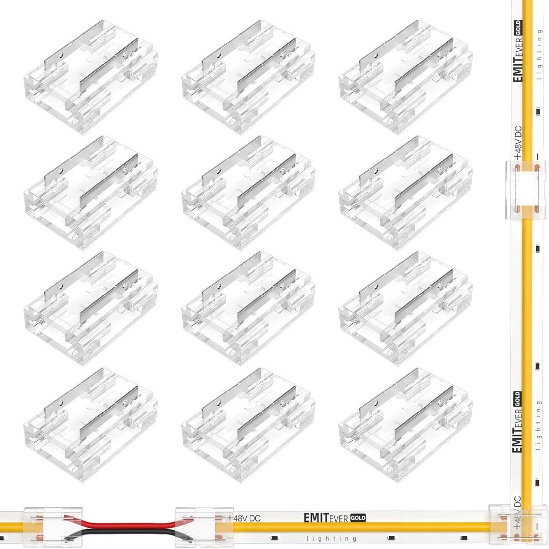 EMITEVER 8-in-1 LED Strip Connectors 12pcs, 2 Pin 10mm COB Tape Lights Terminal Connectors 8 Types Solderless Transparent Connection for 5V 12V 24VStraight, Corner, Strip to Strip, Strip to Wire