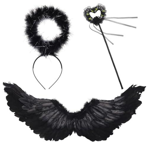 DNJASGD Angel Wings and Halo Magic Wand Set, 32“ Angel Wing Halloween Angel Costume Set for Kids Adults Women Girls (Black wings)