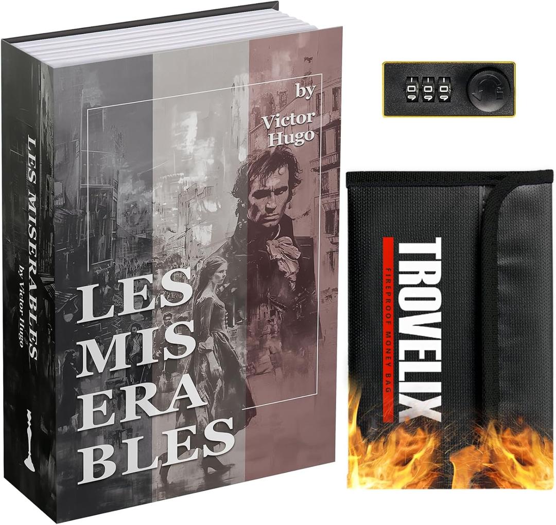 Les Miserables Book Safe, Hidden Compartment with Combination Lock, Fireproof Protection, Secret Diversion Safe - 9.5 x 6.2 x 2.2 Inch (Large)