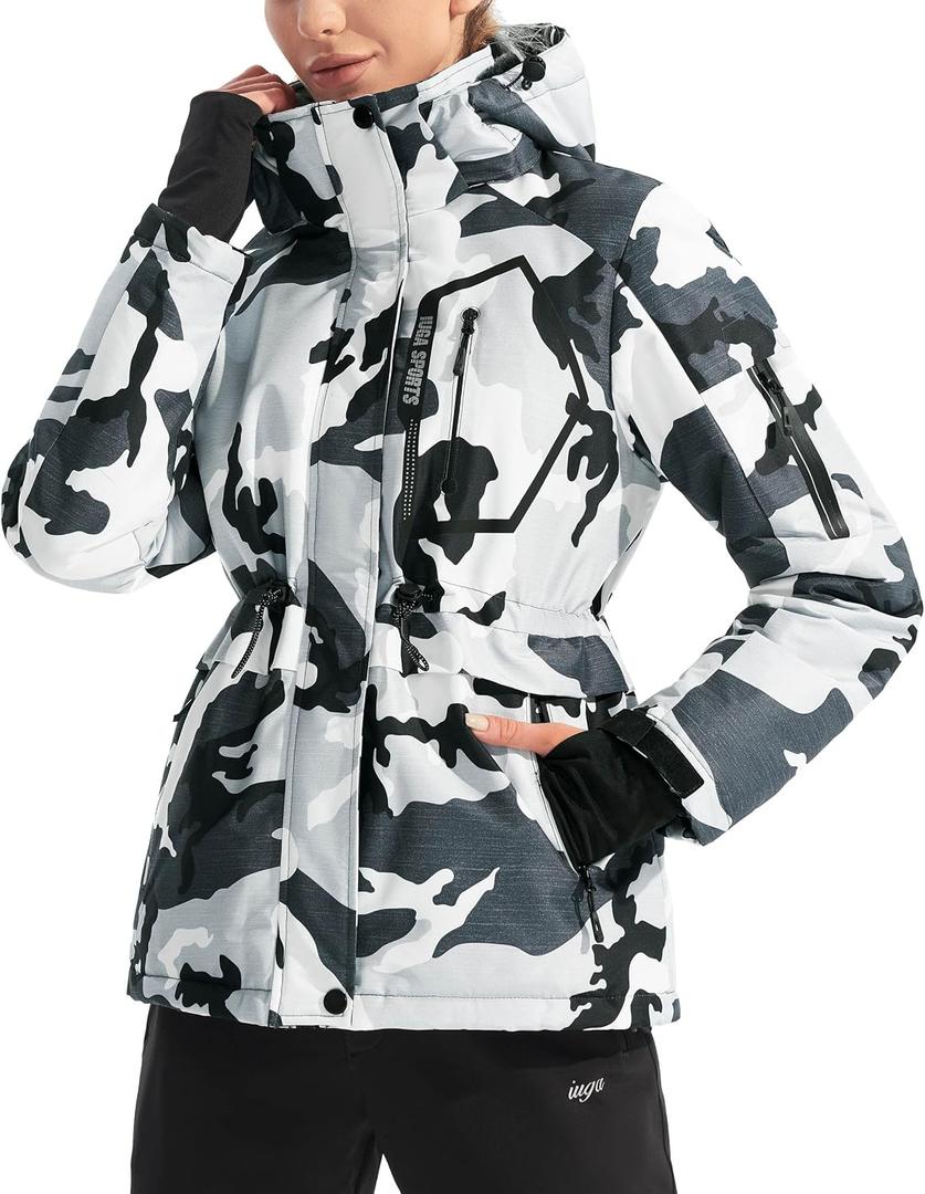 IUGA Waterproof Ski Jacket Women Warm Outdoor Winter Jackets Windproof Snowboard Winter Coats for Mountain Hiking (Medium, Black Camo)