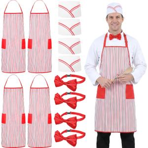 12 Pcs 1950s Adult Waiter Costume Kit, Red & White Striped Apron 2 Pocket, Chef Hat, Bow Tie, Unisex Adults, Chef Theme, Halloween, Carnival, Cosplay Costume Circus Party (Adult Size)