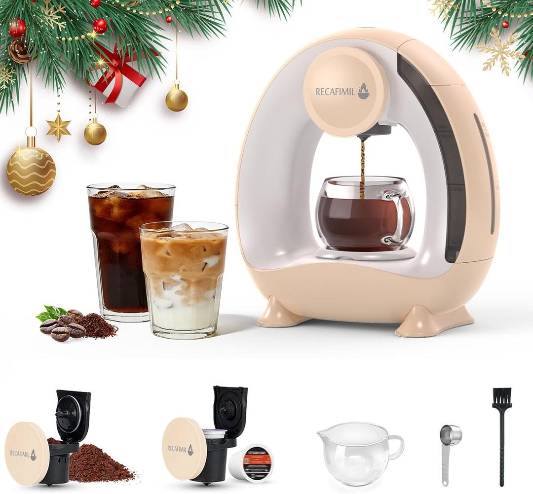 Single Serve Coffee Maker For K Cup Pod and Coffee Grounds /Tea, Fast Brew in 2 minutes, 2 IN 1 One Button Coffee Machine 4-8 Oz Brew Sizes, Stylish Compact For Home, Office, RV and Dorm, Champagne