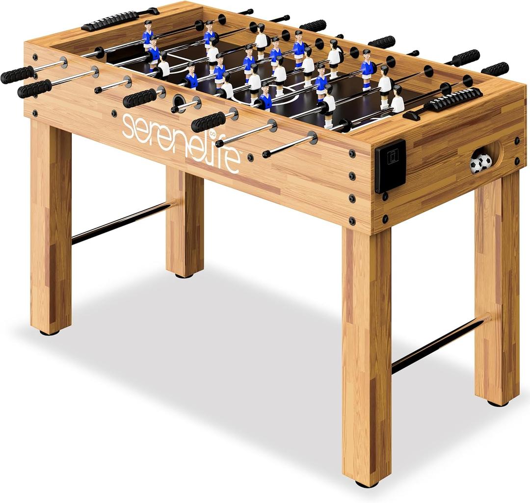 SereneLife 48in Foosball Table, Competition Sized Set with 2 Balls and 2 Cup Holders for Indoor Family Arcade Game Room (Natural)