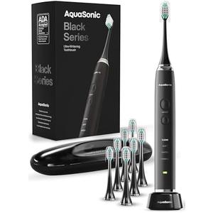 Aquasonic Black Series Ultra Whitening Toothbrush – ADA Accepted Electric Toothbrush- 6Brush Heads & Travel Case – 40,000 VPM Electric Motor & Wireless Charging - 4 Modes w Smart Timer