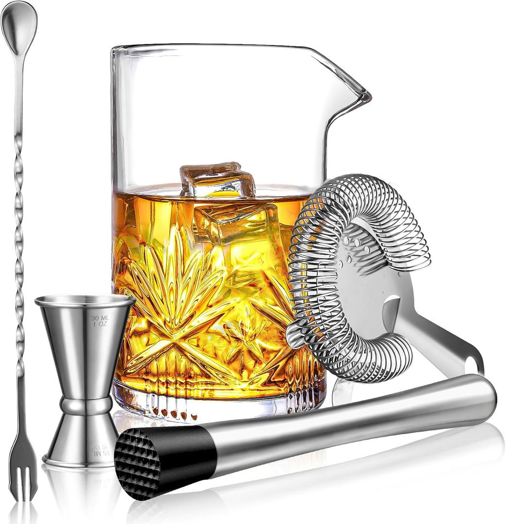 Cocktail Mixing Glass, veecom 18oz Crystal Bartender Kit, 5 Piece Bar Mixing Glass Old Fashioned Cocktail Kit with Strainer, Muddler, Spoon, Jigger, Cocktail Mixer